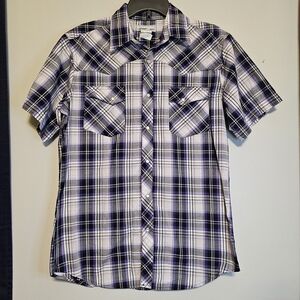 Wrangler Wrancher Pearl Snap Shirt Men’s Medium Purple Plaid Short Sleeve.